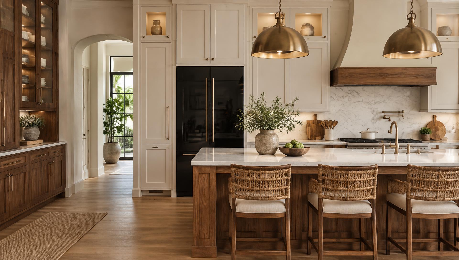 Illustrative luxury kitchen with ivory Shaker cabinetry, walnut island and brass pendants