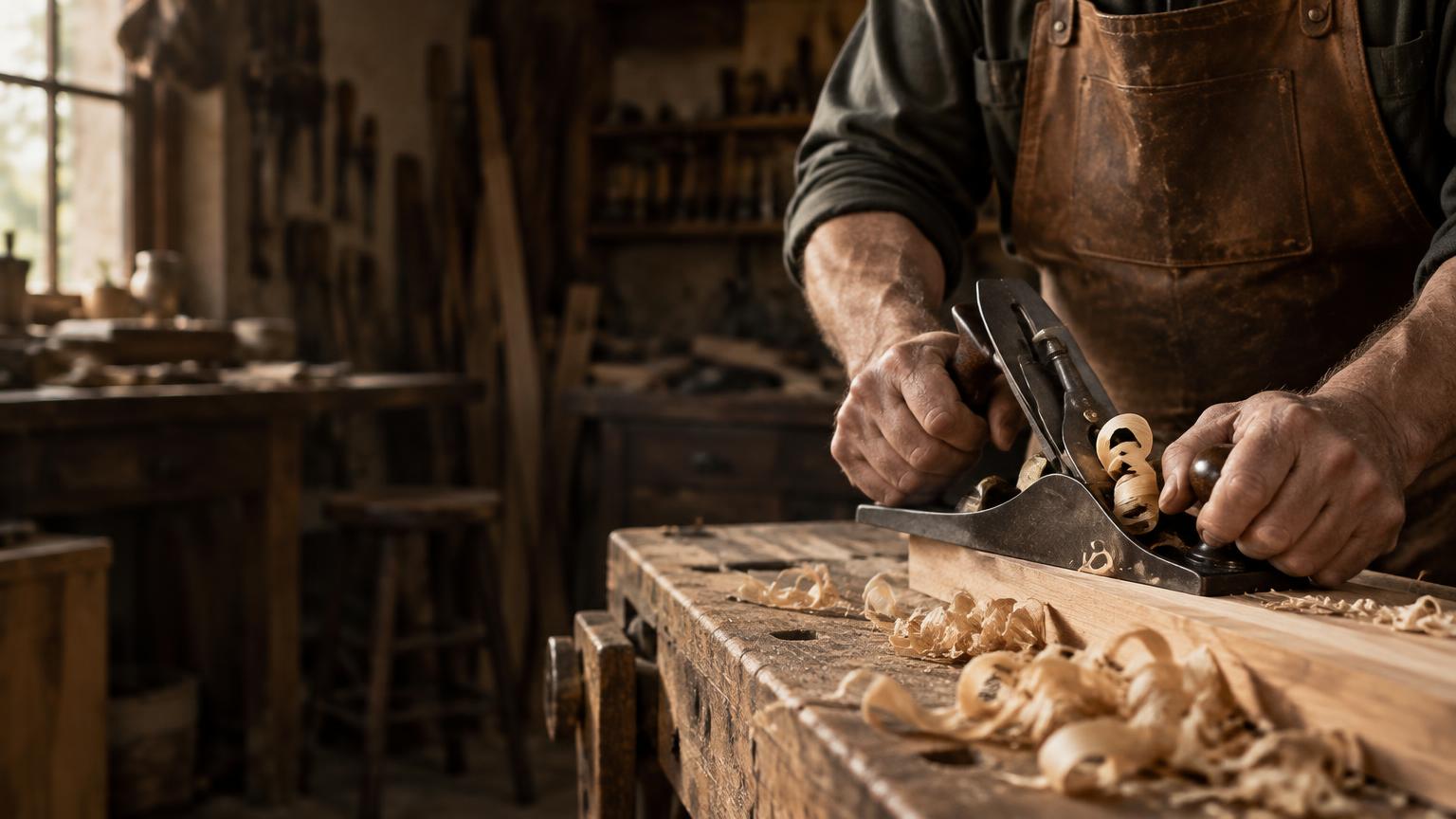 Illustrative craftsman's hands planing wood in a workshop